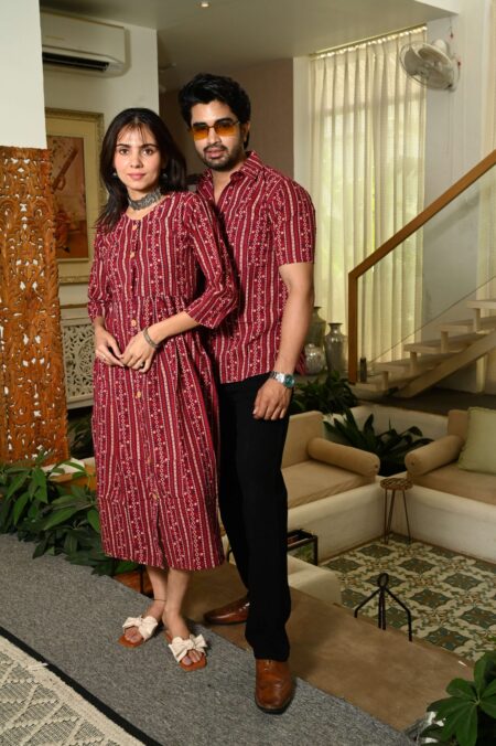 Couple Matching Maroon Cotton Anarkali Midi Dress and Shirt Set ? Vertical Stripe Ethnic Print