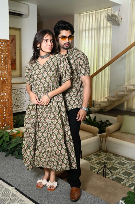 Couple Matching Green Cotton Anarkali Midi Dress and Shirt Set ? Ethnic Motif Print
