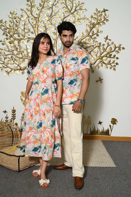 Couple Matching Abstract Print Cotton Anarkali Midi Dress & Shirt Set ? Multicolor Summer Outfit